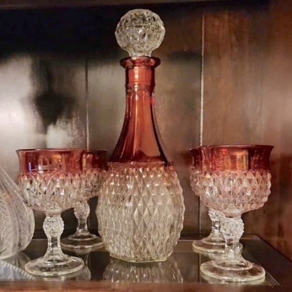 Indiana Glass Other - Rare Vintage INDIANA GLASS Crystal Diamond Point RUBY Decanter & 4 Goblets